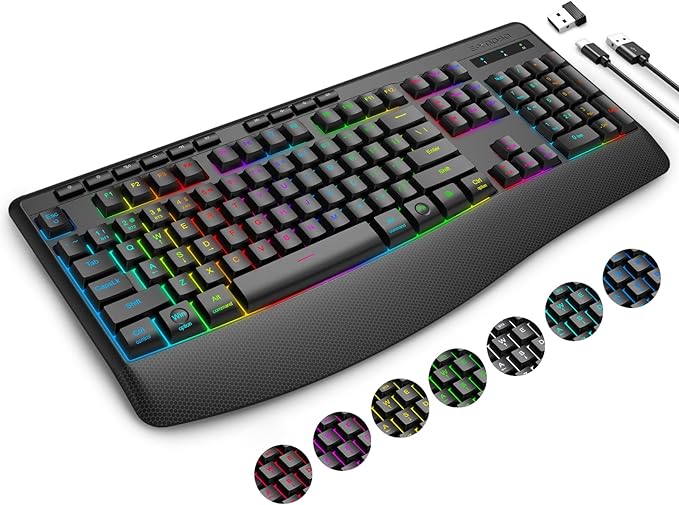E-YOOSO RGB Wireless Keyboard, 3-Mode (2.4G/BT/USB), 9 Effects Backlits, Light Up Letters, Rechargeable Ergonomic Computer Silent Keyboard with Wrist Rest for Windows, Mac, PC, Laptop, Games