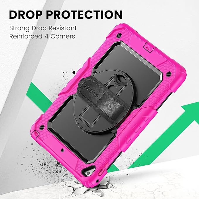 SEYMAC Case for iPad 6th/5th Generation 9.7 Inch, Full-Body Shockproof Heavy Duty Protective Case with Screen Protector, Rotating Stand/Hand/Shoulder Strap for iPad Air 2/ Pro 9.7, Pink