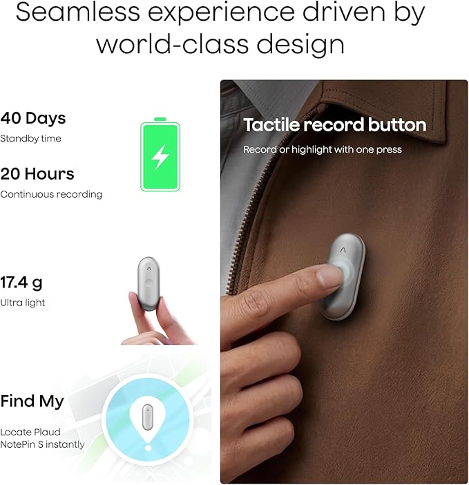 Plaud NotePin S AI Voice Recorder, Wearable AI Notetaker, AI Transcribe & Summarize, Support 112 Languages, 64GB Audio Recorder for Meetings Interviews, Professionals, Teams, with 4 Accessories