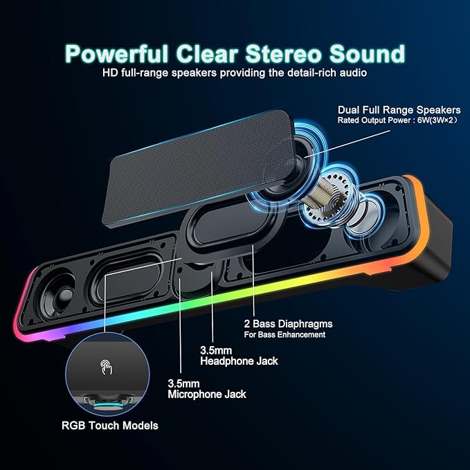 Computer Speakers - Wired USB Powered Bluetooth Computer Sound Bar with RGB & Volume Knob, HiFi Stereo Portable Gaming Sound Bar Speaker for Desktop Monitor, PC, Laptop, Tablets, Mac Air/Pro