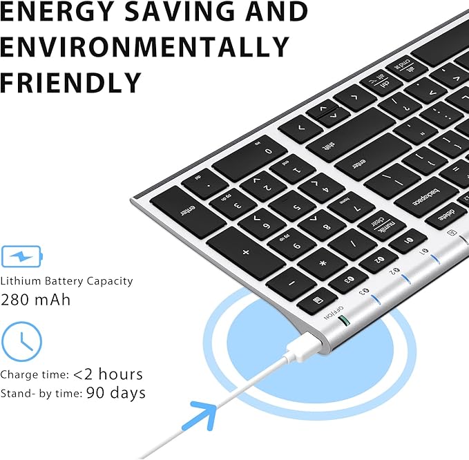 iClever BK10 Bluetooth Keyboard, Wireless Rechargeable Ultra-Slim Keyboard with Long Battery Life, Compatible with iOS, Android, Windows, Mac for iPad, Tablet, Laptop, PC, Phone (Silver Black)