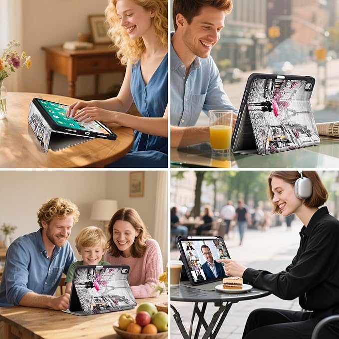 Lokigo New for iPad 10th Generation Case 2022 10.9 inch/iPad (A16) 11th Generation Case 2025 11-inch, Gray Pink Protective Multi-Viewing Stand Cover (Auto Wake/Sleep), Lovers in Paris