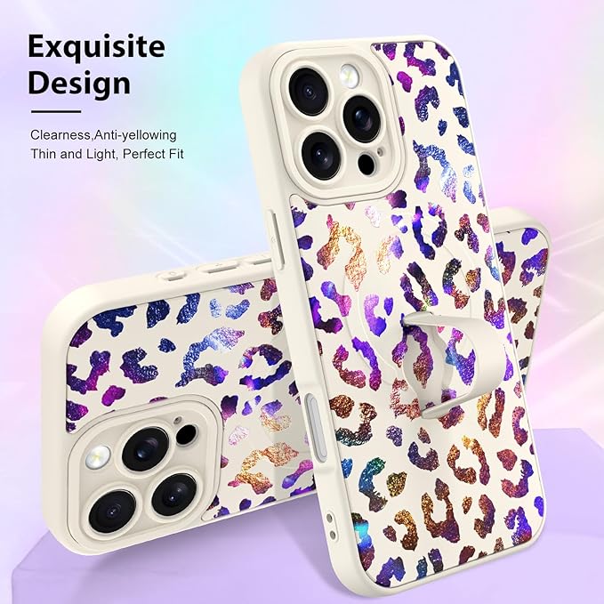 KANGHAR Compatible with iPhone 16 Pro Max Case, Support for MagSafe, Silicone Cute Iridescent Leopard Cheetah Pattern, Wristband Kickstand Shockproof Protective Slim Cover for Women Girls, White