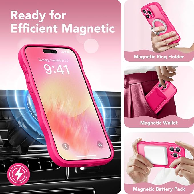 CAPRARO Cute for iPhone 15 Pro Max Case, Compatible with MagSafe, [Curly Wave Edge] [Full Camera Protection] [14 FT Drop Protection] Magnetic Phone Case for 15 Pro Max 6.7 Inch, Hot Pink