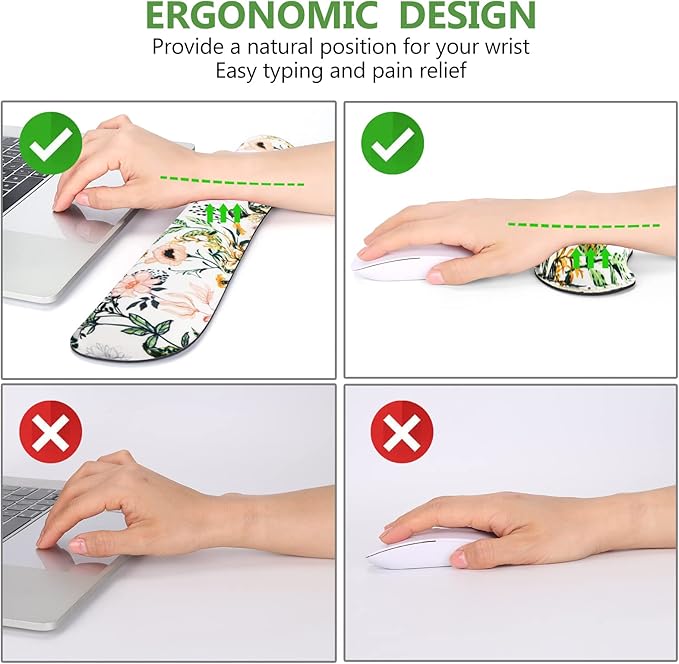 DINKY Keyboard Mouse Pad Set, Large Gaming Mousepad + Memory Foam Ergonomic Keyboard Wrist Rest Support, Easy Typing Pain Relief, 4Pcs (35.4" x 15.7") Extended Desk Mat -Beautiful Floral