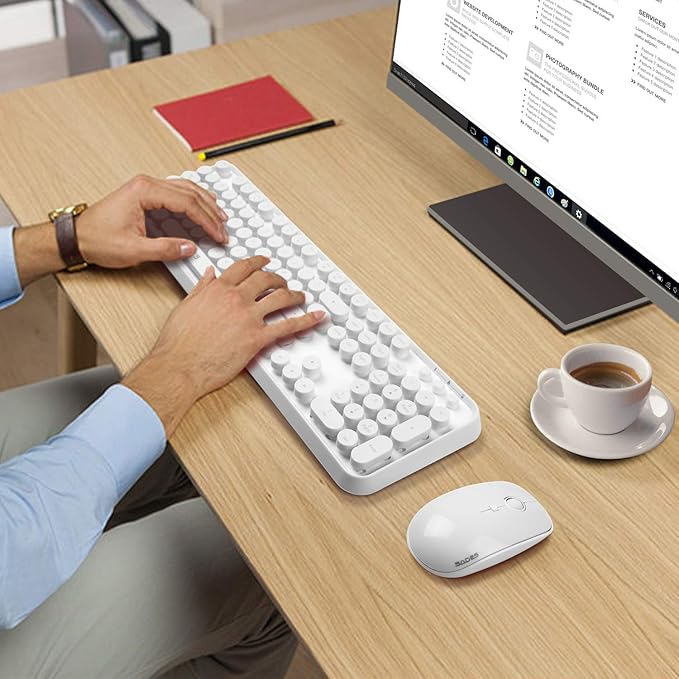 White Retro Typewriter Keyboard and Mouse Wireless Combo, Cute Wireless Keyboard with Retro Round Keycaps,2.4Ghz Full Szie Creamy Clicky & Satisfying Typing Keyboard&3 DPI Mouse for PC Laptop Desktop