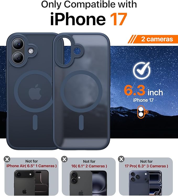 Magnetic for iPhone 17 Case,[Anti-Slip][Compatible with MagSafe][Military Grade Drop Protection] Shockproof Protective Translucent Matte Phone Case for iPhone 17 Case,Midnight Blue