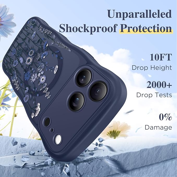 GVIEWIN for iPhone 17 Pro Case Compatible with MagSafe [Curly Wave Edge][Full Camera Protection] Floral Translucent Shockproof Magnetic Women Phone Case for iPhone 17 Pro 6.3'', Floratopia/Blue