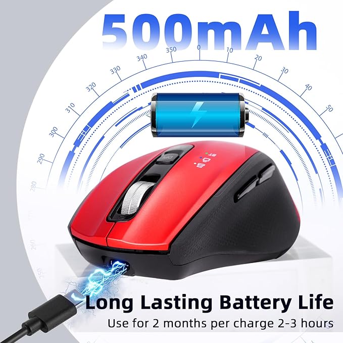 Wireless Bluetooth Mouse with USB-A, USB-C Receiver, Rechargeable, 3-Device, Full-Size, Silent Click, Ergonomic Mice for MacBook/Laptop/Computer/Tablet/PC/iPad-Red