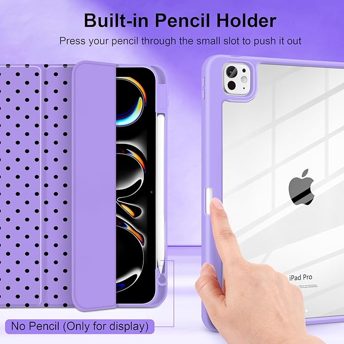 Case for iPad Pro 11 Inch (M5 2025 M4 2024) – [Built-in Pencil Holder], Shockproof & Stylish, Clear Hard Back + Soft TPU Edge, Magnetic Trifold Stand, Auto Wake/Sleep, Purple Polka dot
