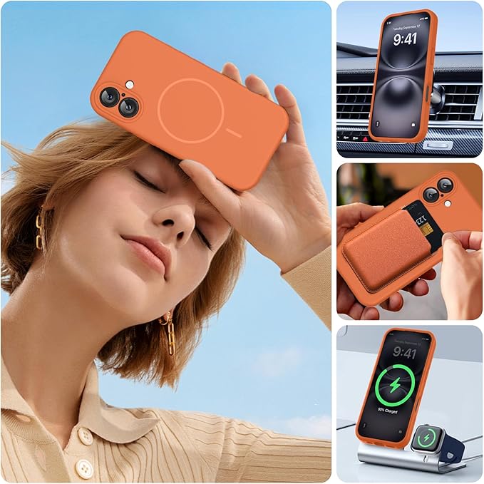 Miracase Magnetic for iPhone 16 Plus Case, [Soft Anti-Scratch Microfiber Lining], Compatible with MagSafe, Liquid Silicone Shockproof Drop Protection Phone Case for 16 Plus,Orange