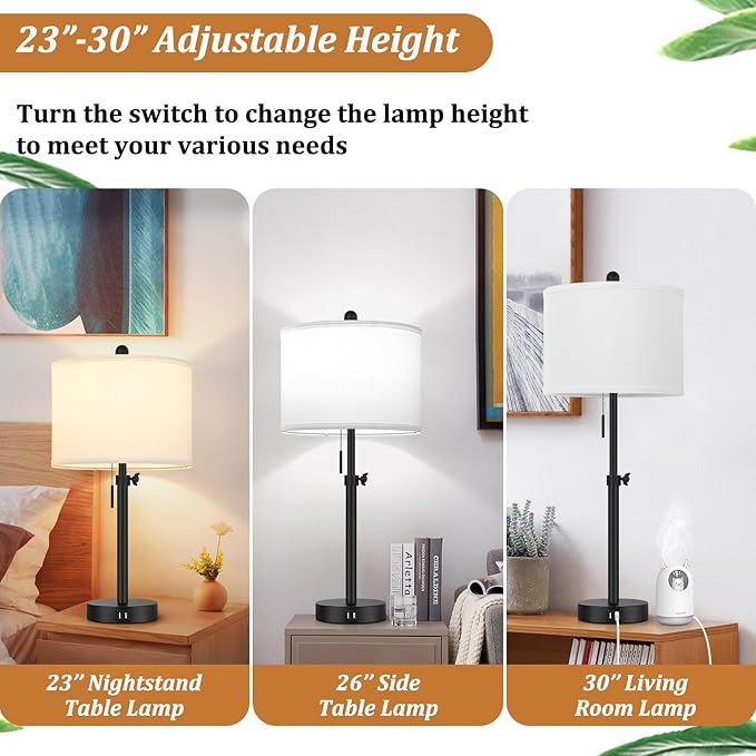 Kondras Table Lamp for Bedroom Set of 2, 23" to 30" Height Adjustable Bedside Lamp with 2 USB Ports, Black Nightstand Lamp with White Shade, Modern Pull Chain Table Lamp for Living Room End Table