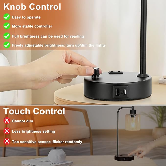 Industrial Bedside Lamps for Nightstand Set of 2 - Fully Dimmable Bedroom Lamps with USB A C Ports and Outlet, Black Table Lamps with Amber Glass Shade for Living Room, Desk Lamps for Office Reading