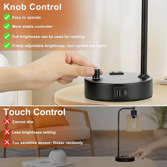 Industrial Table Lamps for Bedrooms Set of 2 - Fully Dimmable Bedside Lamps with USB A and C Ports and Outlet, Black Nightstand Lamps with Glass Shade for Living Room, Desk Lamps for Office Reading