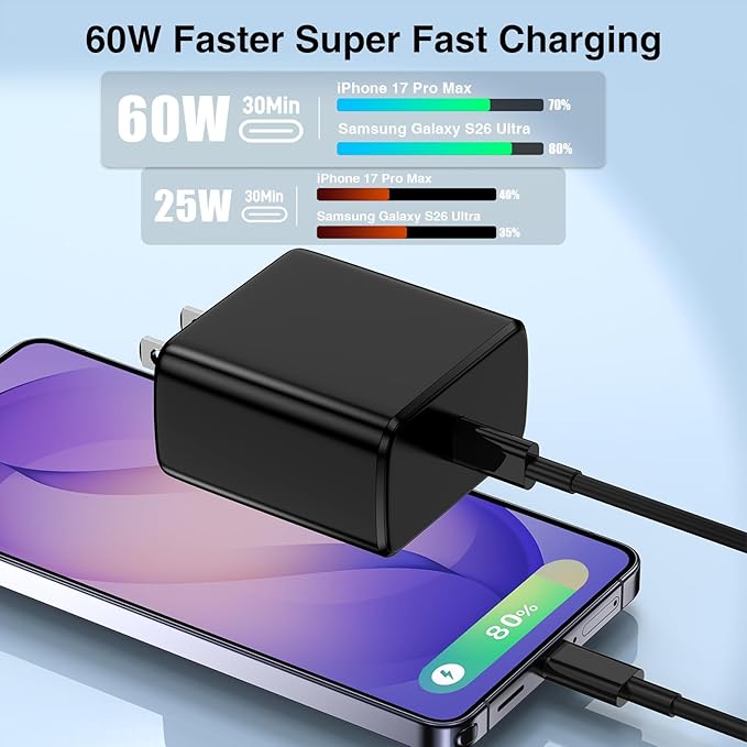 Hzevn 60W USB C Quick Wall Charger Block for Galaxy S26 Android Phones, 3Pack Super Fast Charger Adapter with Bulk 3/6/10FT Long USB C Charging Cable Cords for Samsung Galaxy S26+/S25/S24/S23 Ultra