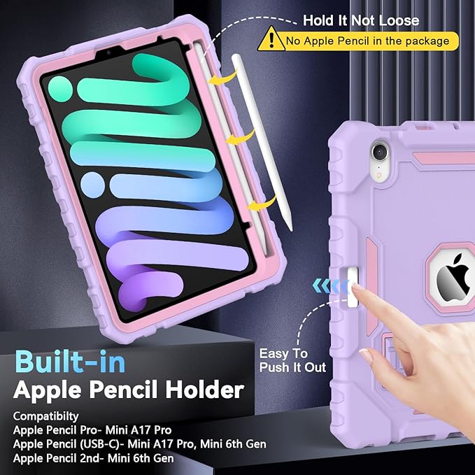 Grifobes Case for iPad mini 7 (A17 Pro) 2024 / Mini 6 2021 8.3 inch, Heavy Duty Shockproof Rugged Cover with Pencil Holder Stand, for I Pad Mini 7th/6th Gen 8.3" Case (Purple)