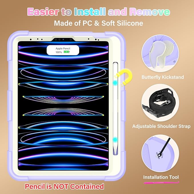 HOGENL for iPad Pro 11 inch Case for Kids Girl with Pencil Holder, for iPad Air 5th/4th Generation Case 10.9" with Butterfly Stand Shoulder Strap Protective Cover for pro 11 4th/3rd/2nd/1st, Purple