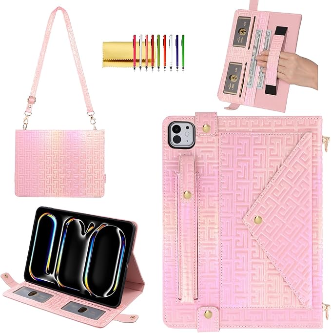 Shiny Case for iPad Pro 13" M5 M4 (2025/2024) Handbag Case, Techcircle Iridescent PU Leather Folio Envelope Pocket Stand Cover with Hand Strap+Shoulder Strap+Pencil Holder+Card Slots, Shiny Pink