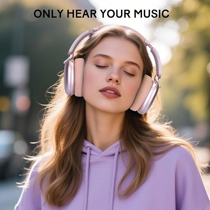 C6 Active Noise Cancelling Headphones, Wireless Over Ear Bluetooth Headphones, 60H Playtime, Lightweight Folding Deep Bass Comfort Fit Ear Cups Headset with Mic for iPad/PC/Home Rose Gold