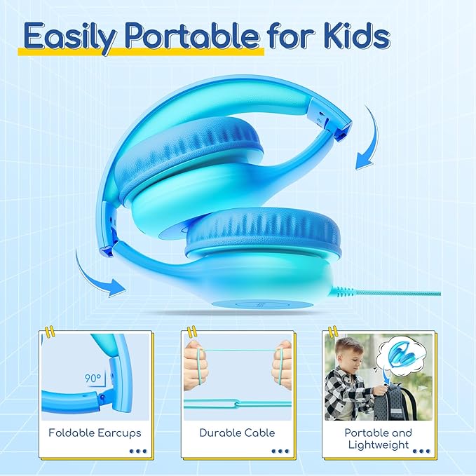 EarFun Kids Headphones Wired with Microphone, USB Type C Headphones for Kids, 85/94dB Volume Limit, Portable Wired Headphone with Shareport, Stereo Sound Foldable Headset for School/Tablet/PC, Cyan