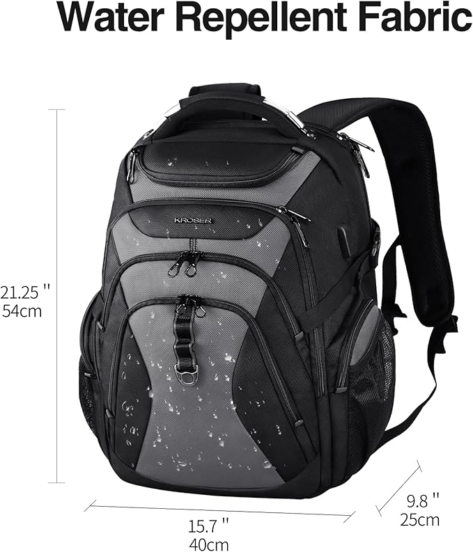 KROSER Travel Laptop Backpack 18.4 Inch XXXL Gaming Backpack with Hard Shell Saferoom RFID Pockets Water-Repellent Business College Daypack Stylish Laptop Bag for Men/Women-Black Grey