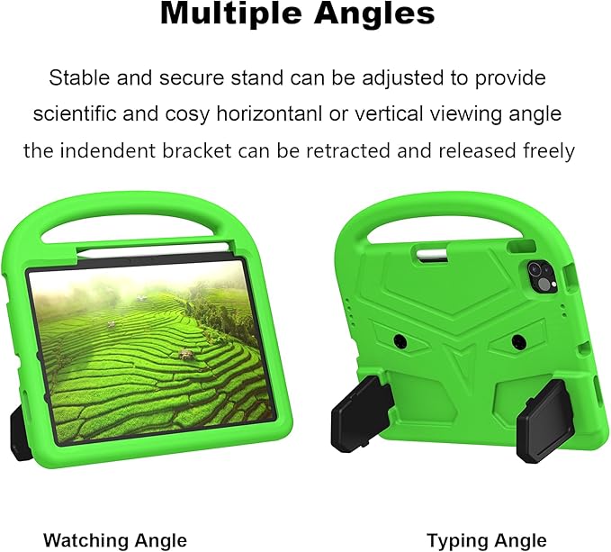 Kids Case for Apple iPad Pro 11 inch M5/M4 Tablet (2025/2024) with Pencil Holder/Handle/Kickstand Slim Lightweight Cute Soft EVA Foam Shockproof Stand Cover for Boys Girls Teens, Green Bird