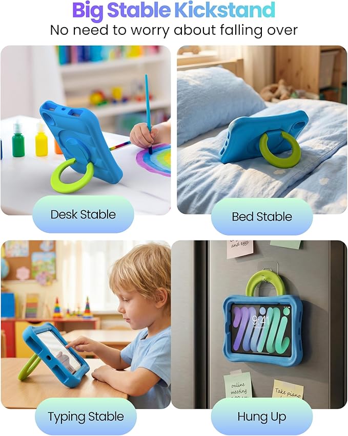 Kids Case for iPad mini 7 (A17 Pro) 2024 / Mini 6th Gen 2021 8.3 inch – Lightweight Flexible Shockproof Rotating Stand Handle Rugged Cover for iPad mini 7th 6 Generation Girls Boys, Blue Green
