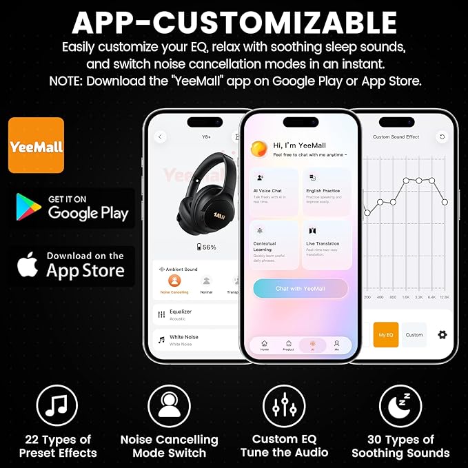 1Mii Y8+ Hybrid Active Noise Cancelling Headphones, 100H Playtime, Bluetooth 6.0 Over Ear LDAC Wireless Hi-Res Audio & Deep Bass, Comfortable for Travel Airplane Home Office, Custom EQ via APP, Black
