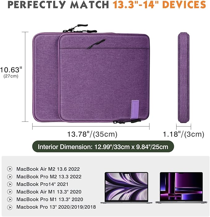 MoKo Laptop Sleeve Bag for 13.3-14 Inch, Notebook Carrying Case with Pocket Fits New MacBook Pro M3/M2 14" /13" M2/M1 Pro/M1 Max 14.2 2023-2021/Air 13.6" M2 2022, Surface Pro 9/8 13", Purple