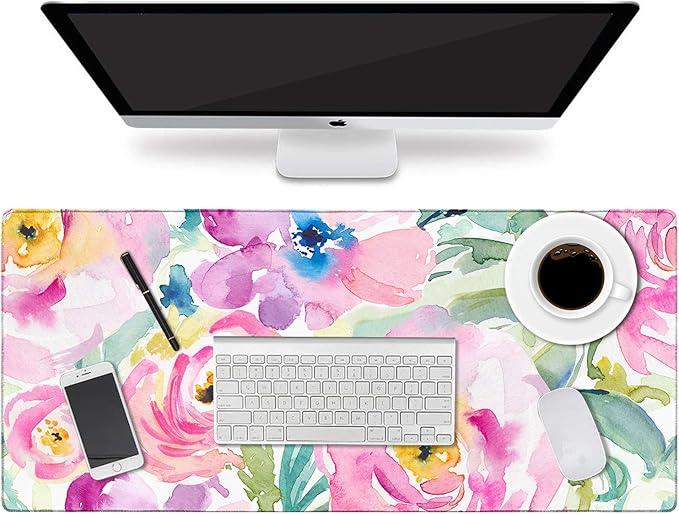 HAOCOO Floral Extended Desk Pad, Large Mouse Mat With Edge Stitching, 2 MM Thick Waterproof Computer Keyboard Mat, Non-Slip Rubber Base for Office