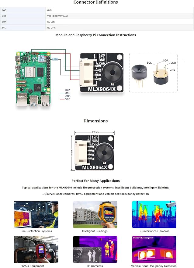 Thermal Camera MLX90640-D110 IR Array Thermal Imaging Camera,I2C Interface 32 * 24 Pixel Infrared Array,110 Degree Field of View