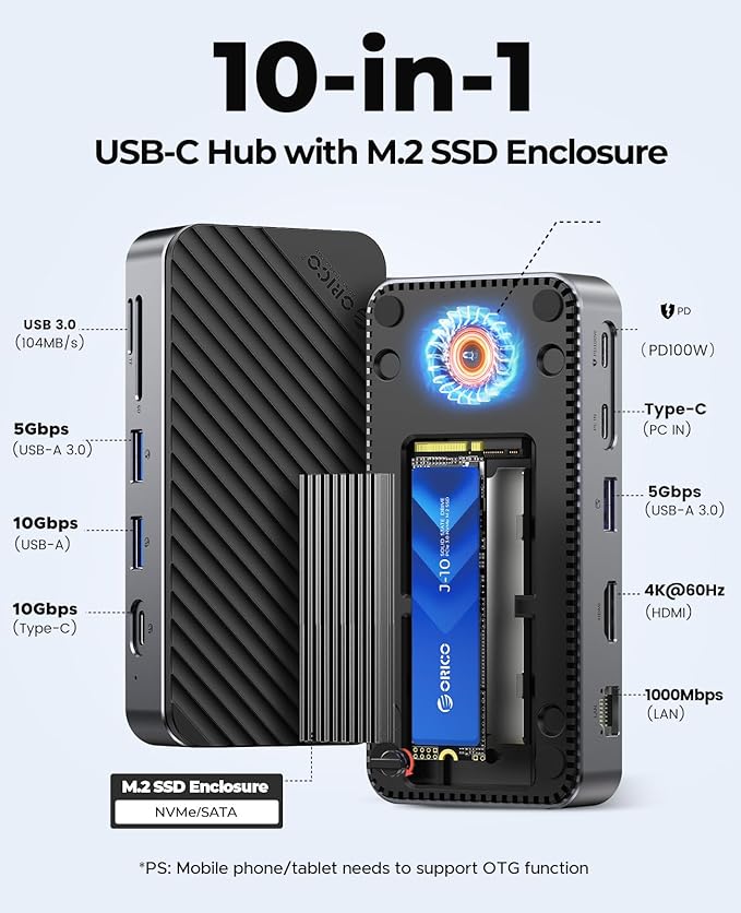 USB C Hub with M.2 SSD Enclosure, New Upgrade ORICO 10-in-1 USB-C Docking Station with Built in fan, 10Gbps USB 3.2 Gen2 M.2 NVMe SSD Reader, Support 4K@60Hz HDMI, 100W PD, Ethernet, SD/TF - DPM2P9-V1