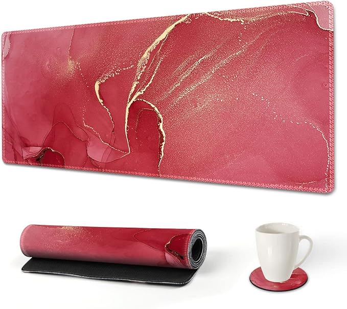 AIMSA Extended Gaming Mouse Pad, XL Large Keyboard Mouse Mat Desk Pad with Stitched Edges, Durable Non-Slip Base Mousepad for Home Office Work, 35x15.7inch,Red Marble