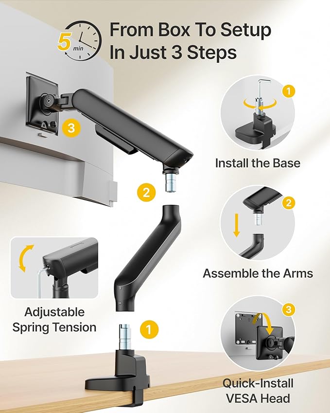 monTEK Single Monitor Arm, Mechanical Spring Monitor Arm for 17-40" Ultrawide Screens, Adjustable Monitor Desk Mount Holds up to 26.4 lbs with C Clamp/Grommet Desk Mount, VESA 75/100mm
