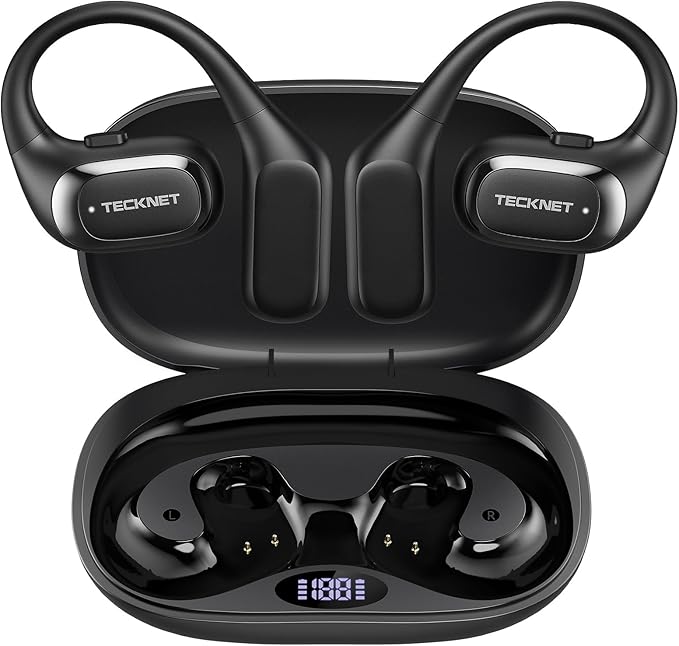 TECKNET Open Ear Headphones, Over the Ear Earbuds with Bluetooth 6.0, Smart Digital Display, 40H Playtime, IPX5 Waterproof, USB-C Fast Charging, Touch Control for Travel, Cycling, Running, Black