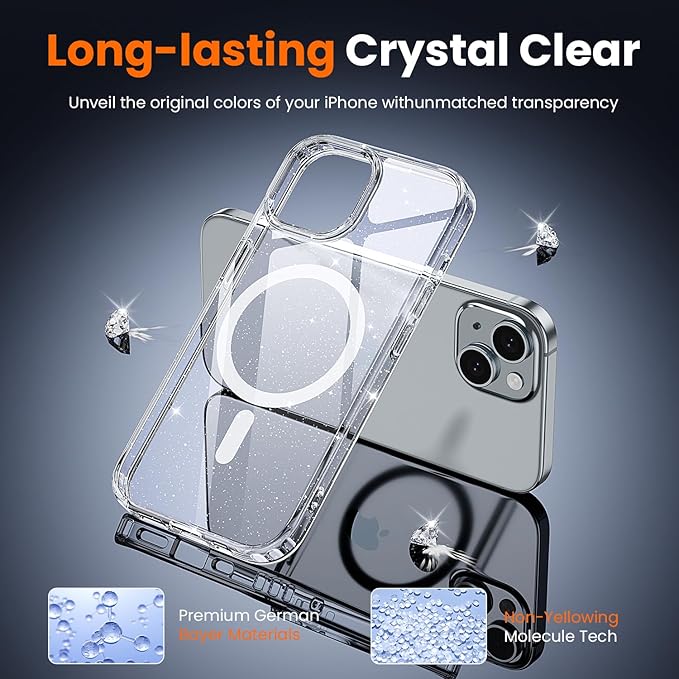 toushion 3 in 1 for iPhone 15 Case Clear with MagSafe, Not Yellowing, Screen Protector*1 Camera Lens Protector*1, Military-Grade Protection for iPhone 15 Phone Case 6.1 inch Clear Glitter
