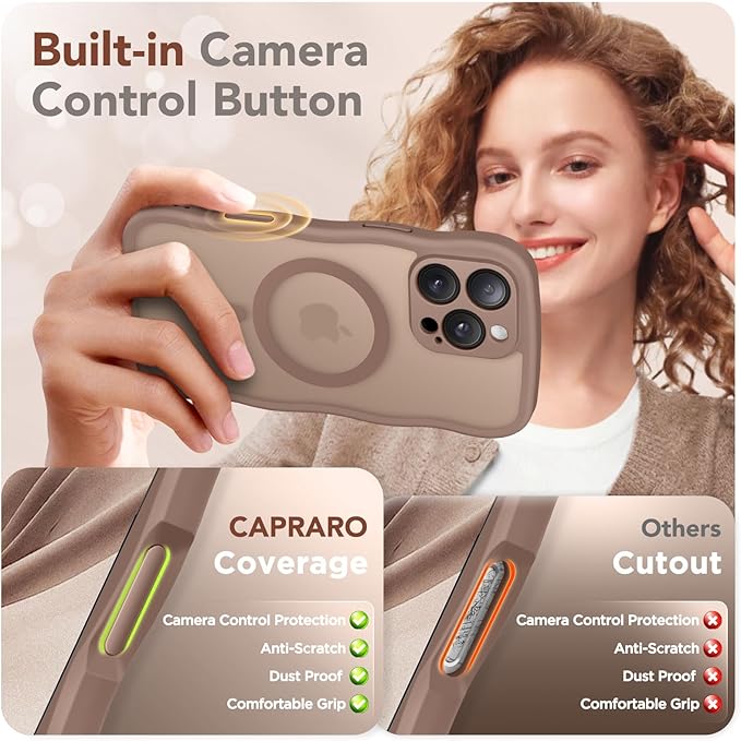 CAPRARO for iPhone 16 Pro Case for Women Girls, Upgraded [Full Camera Protection] [Compatible with MagSafe] Cute Wave Translucent Matte Phone Case for iPhone 16 Pro, Brown
