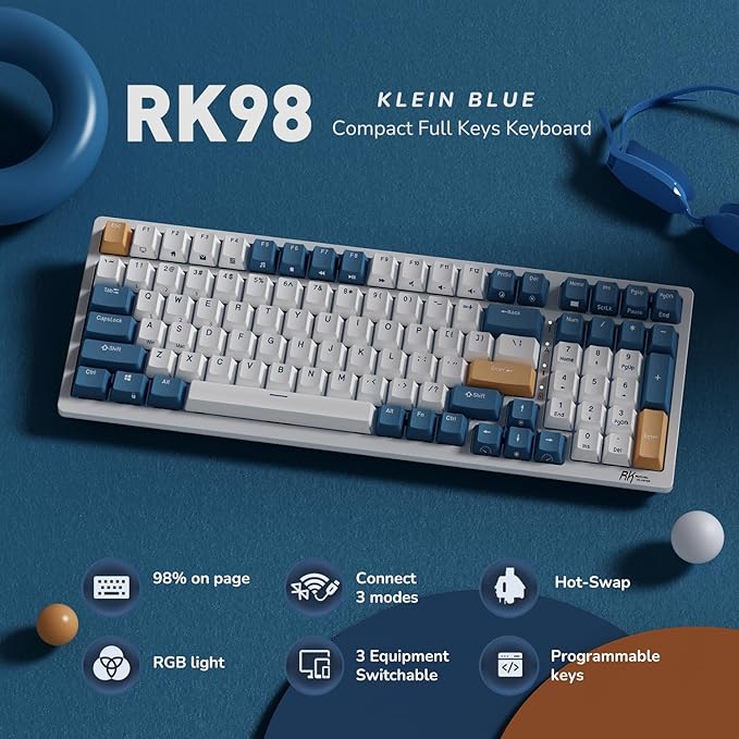 RK ROYAL KLUDGE RK98 Wireless Mechanical Keyboard, Triple Mode 2.4G/BT5.1/USB-C Hot Swappable Keyboard with Number Pad, Pre-lubed Clicky Switches RGB Backlit Gaming Keyboard, Software Support