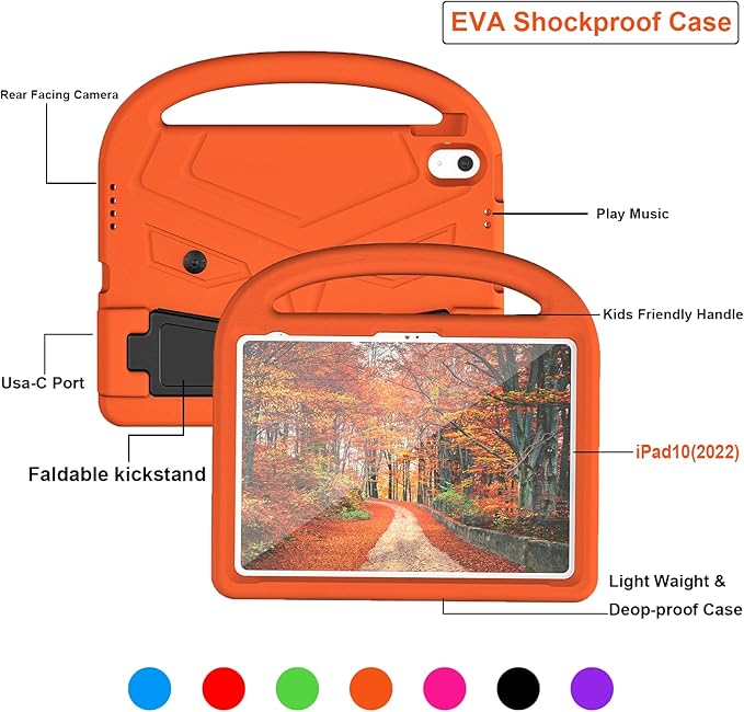 Dteck for iPad 10th Generation Case Kids 10.9 Inch 2022, Durable Lightweight Shockproof Protective Handle Stand EVA Foam Boys Girls Kids Proof Case for iPad 10th Generation 10.9 Inch 2022,Orange