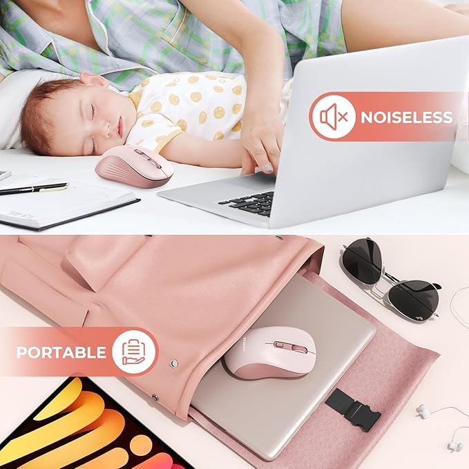 seenda Bluetooth Wireless Mouse, Bluetooth & 2.4G USB Dual Mode, Quiet Clicks, 1600 DPI Smooth Tracking, Ergonomic Design, 24-Months Battery Life, Portable Mouse for Laptop/Mac/Ipad/PC/Tablet-Pink
