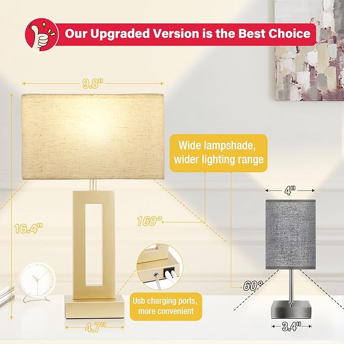 Seealle Bedroom Table Lamps Set of 2 - Beige Gold Touch Bedside Lamps with USB C+A, 3 Way Dimmable Gold Lamp for Nightstand, Modern Night Stands Lamps for Living Room