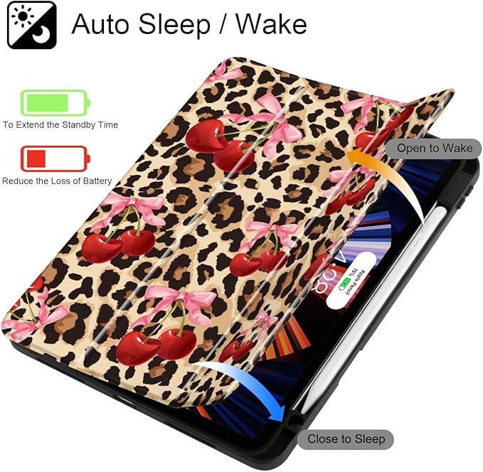 May Chen for iPad Pro 13 Inch Case M5 2025 / M4 2024, Built Pencil Holder & Clear Transparent Print Back Shell Slim Stand Shockproof Tablet Cover, Auto Wake/Sleep, Cherry & Cheetah