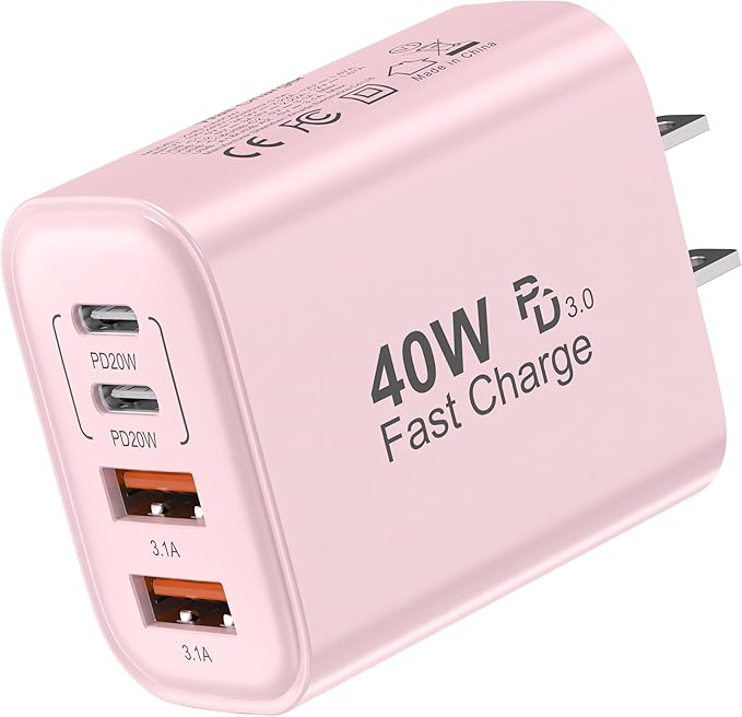 TT&C 40W USB C Charger Block, 4-Port Fast Charging Block (2 USB-C + 2 USB-A), Compact Multi-Device Wall Plug Adapter for iPhone 17,16,15,14, Pro Max, Samsung Galaxy S24/S23, Travel & Home (Pink 1Pack)