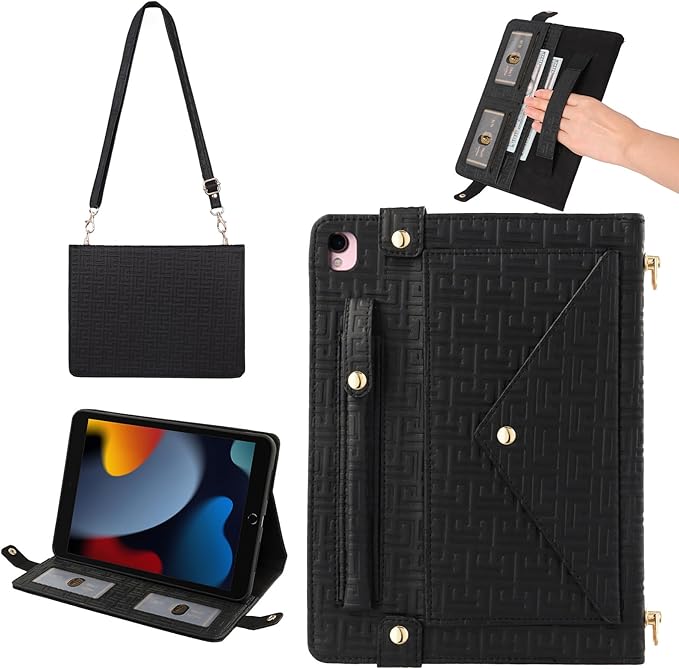 Handbag Case for iPad 7th/8th/9th Genertaion, iPad Air 3 2019/Pro 10.5 Inch Cover, Elegant Crossbody Folio Stand Wallet Case w/Pen Holder, Card Slots, Hand Strap, Shoulder Strap, Black