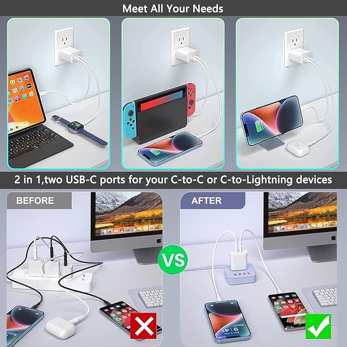 USB C Fast Charger Block,USB C Charging Block 3-Pack Type C 2in1 Dual Ports Plug Wall Charger,Fast Type C Charger for iPhone 17/17 Pro/17 Pro Max/Air/16E/16 Plus/16 Pro Max/15/14/13/12/11/Xs Max/XR/X