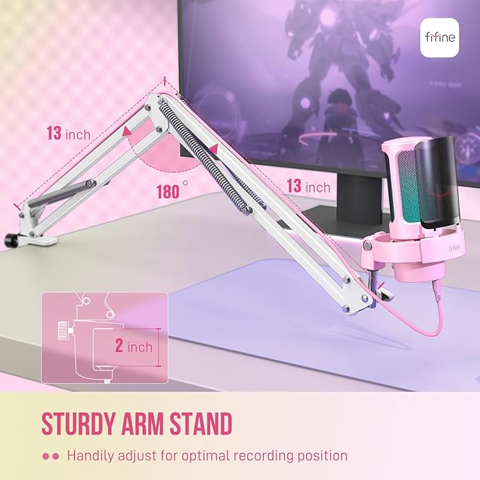 FIFINE USB Streaming Microphone with Boom Arm, Gaming Mic Kit for PC PS4/PS5, Podcast Microphone for Podcast with RGB Control, Mute Button, Gain Knob, Headphones Jack, Pop Filter-A8T Pink