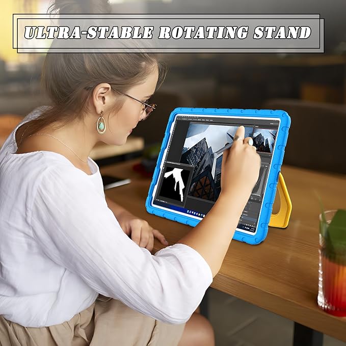 for iPad Pro 12.9 Case 3rd 4th 5th 6th Generation with Pencil Holder & 360° Rotating Handle Stand, New Cute Rugged Cover for iPad Pro 12.9 inch 2022/2021/2020/2018 - Blue