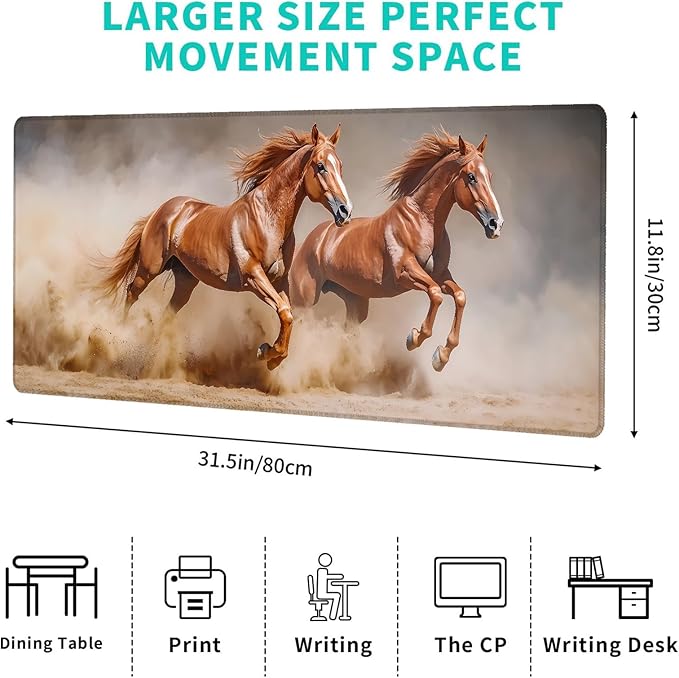 Wild Horse Running Gaming Mouse Pad – 12x31.5in Large Extended Desk Mat with High-Speed Galloping Design – Non-Slip Rubber Mousepad for Office Home – Deskmat Gifts for Animal Lovers Decor