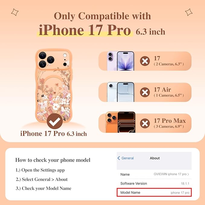 GVIEWIN for iPhone 17 Pro Case Compatible with MagSafe [Curly Wave Edge][Full Camera Protection] Floral Translucent Shockproof Magnetic Women Phone Case for iPhone 17 Pro 6.3'', Campanula/Orange