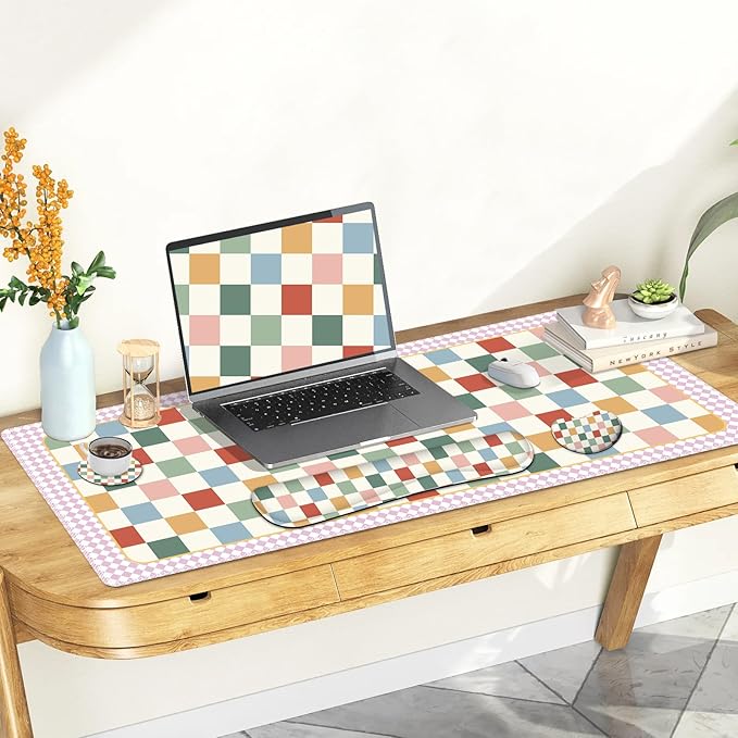 Vintage Macaron Checker Mouse Pad Set, 4 in1 Ergonomics Keyboard Desk Mat with Memory Foam Wrist Rest, Extended Game Mousepad, Large Gaming Non-Slip Desk Pad Matt Easy Typing Pain Relief